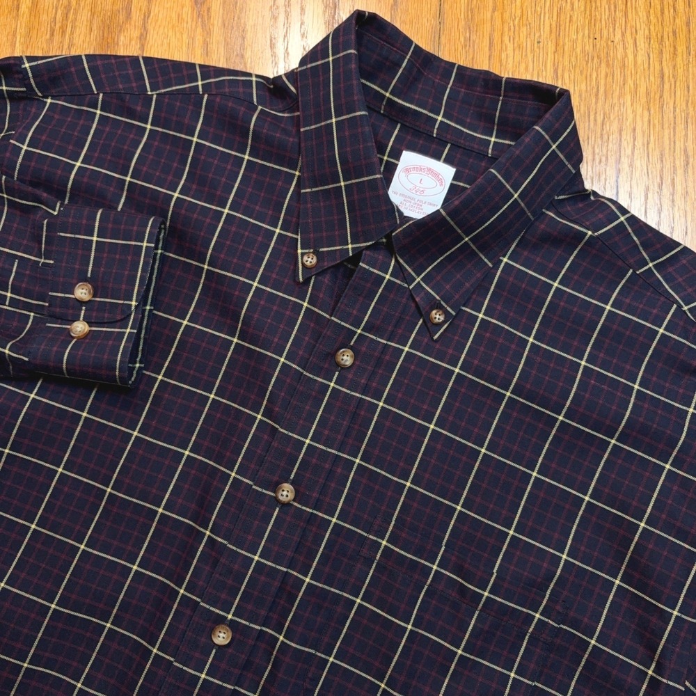 Brooks Brothers Shirt Mens L Navy Burgundy Plaid Non-Iron Button Down 346